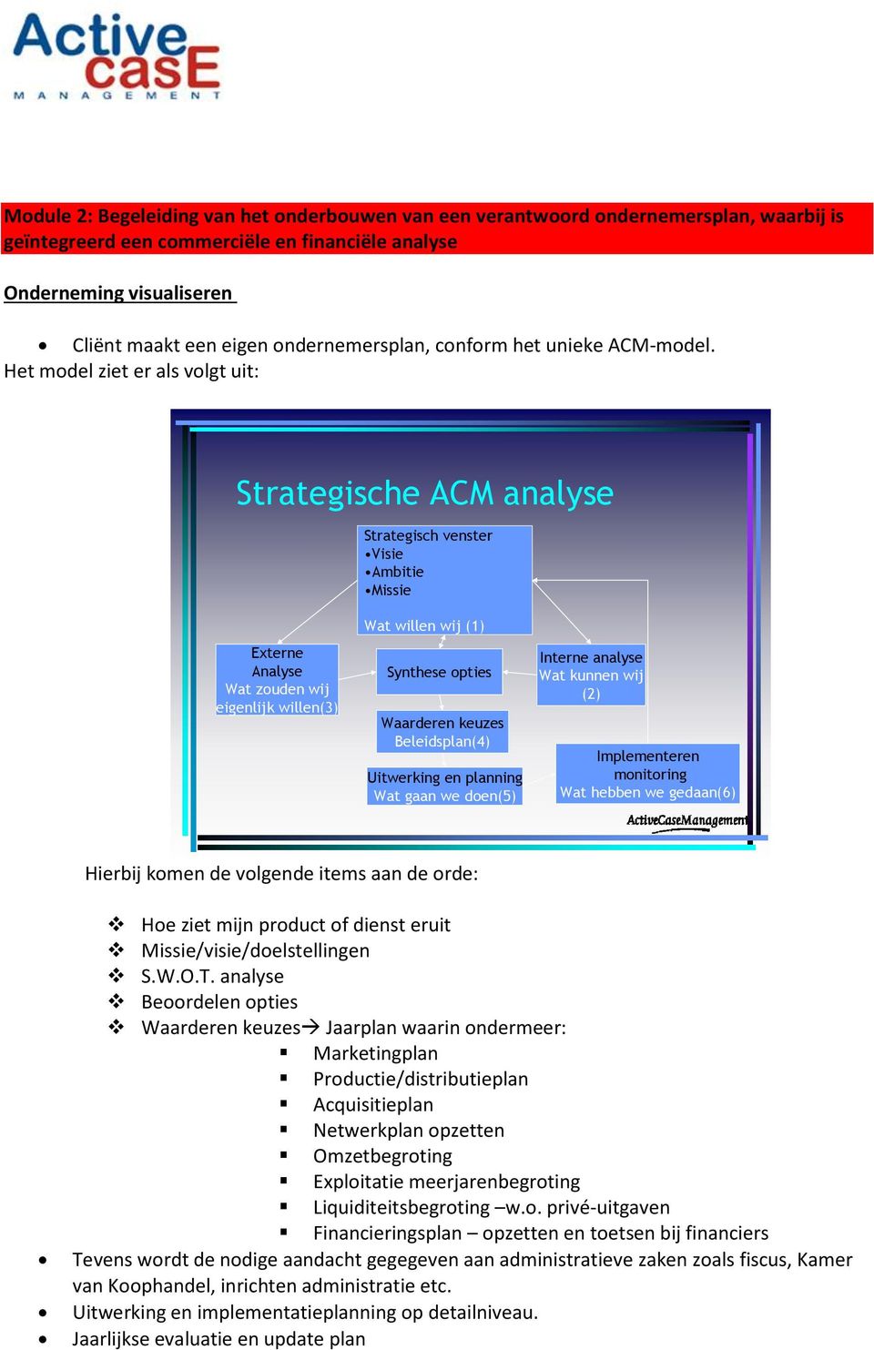 Het model ziet er als volgt uit: Strategische ACM analyse Strategisch venster Visie Ambitie Missie Externe Analyse Wat zouden wij eigenlijk willen(3) Wat willen wij (1) Synthese opties Waarderen