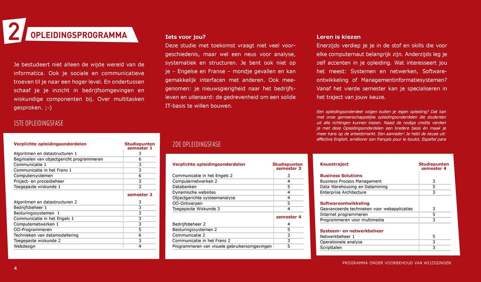 ;-) 1ste opleidingsfase Verplichte opleidingsonderdelen Studiepunten semester 1 Algoritmen en datastructuren 1 3 Beginselen van objectgericht programmeren 6 Communicatie 1 3 Communicatie in het Frans