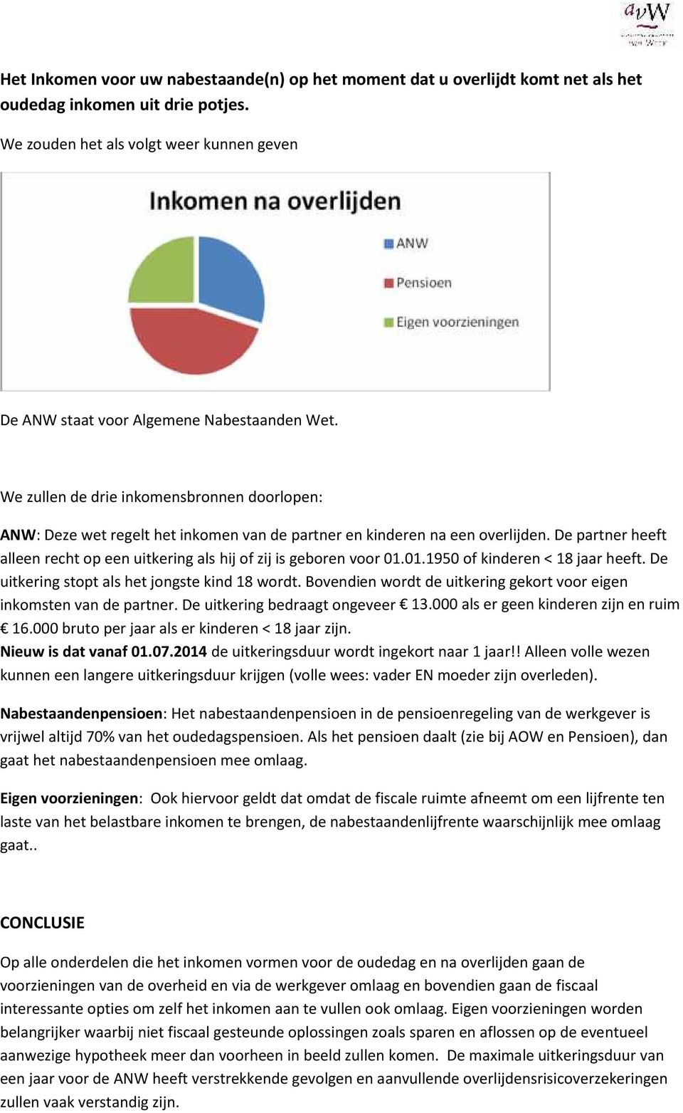 We zullen de drie inkomensbronnen doorlopen: ANW: Deze wet regelt het inkomen van de partner en kinderen na een overlijden.