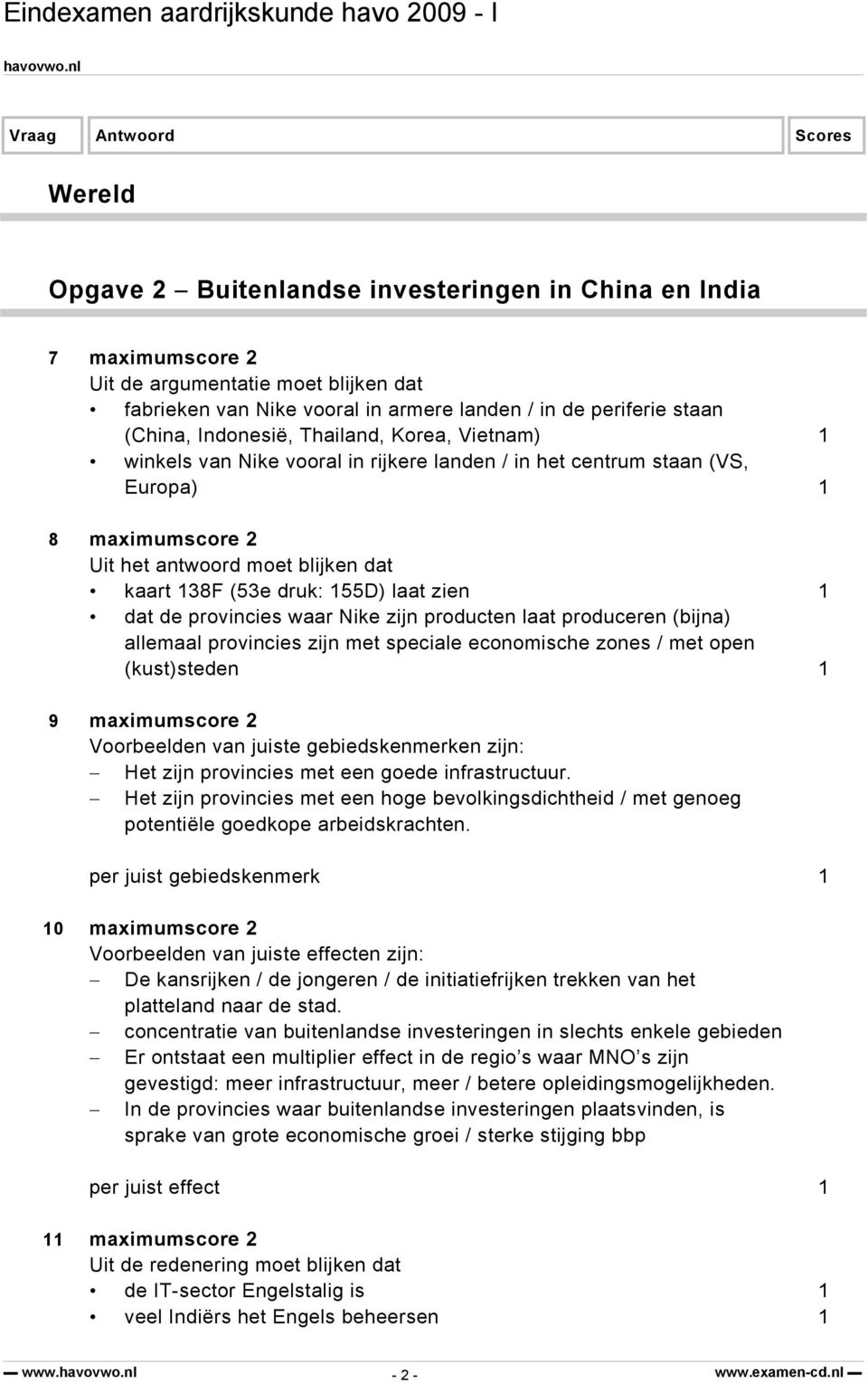 laat zien 1 dat de provincies waar Nike zijn producten laat produceren (bijna) allemaal provincies zijn met speciale economische zones / met open (kust)steden 1 9 maximumscore 2 Voorbeelden van