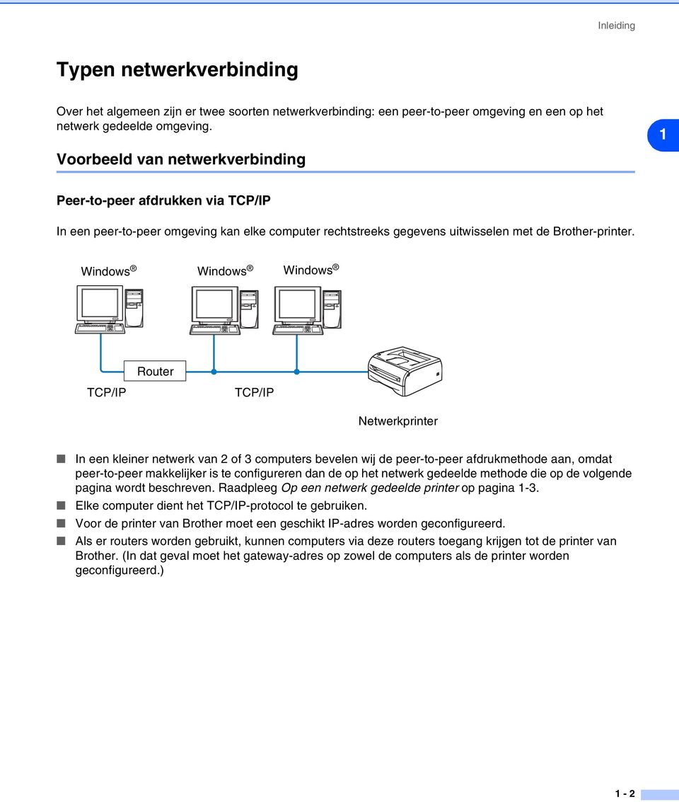 Windows Windows Windows Router TCP/IP TCP/IP Netwerkprinter In een kleiner netwerk van 2 of 3 computers bevelen wij de peer-to-peer afdrukmethode aan, omdat peer-to-peer makkelijker is te