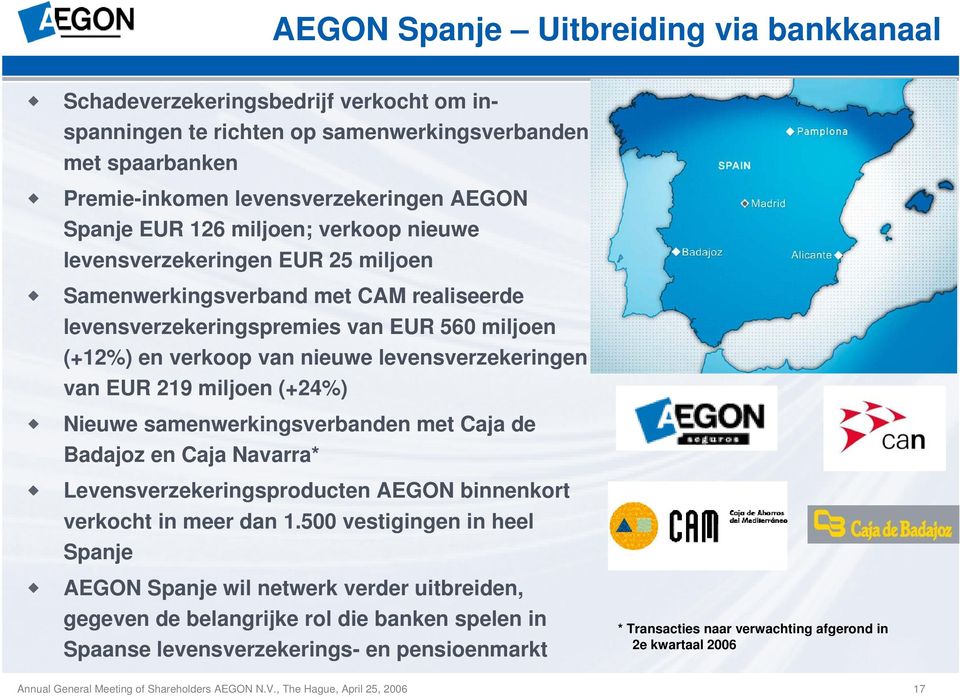 EUR 219 miljoen (+24%) Nieuwe samenwerkingsverbanden met Caja de Badajoz en Caja Navarra* Levensverzekeringsproducten AEGON binnenkort verkocht in meer dan 1.