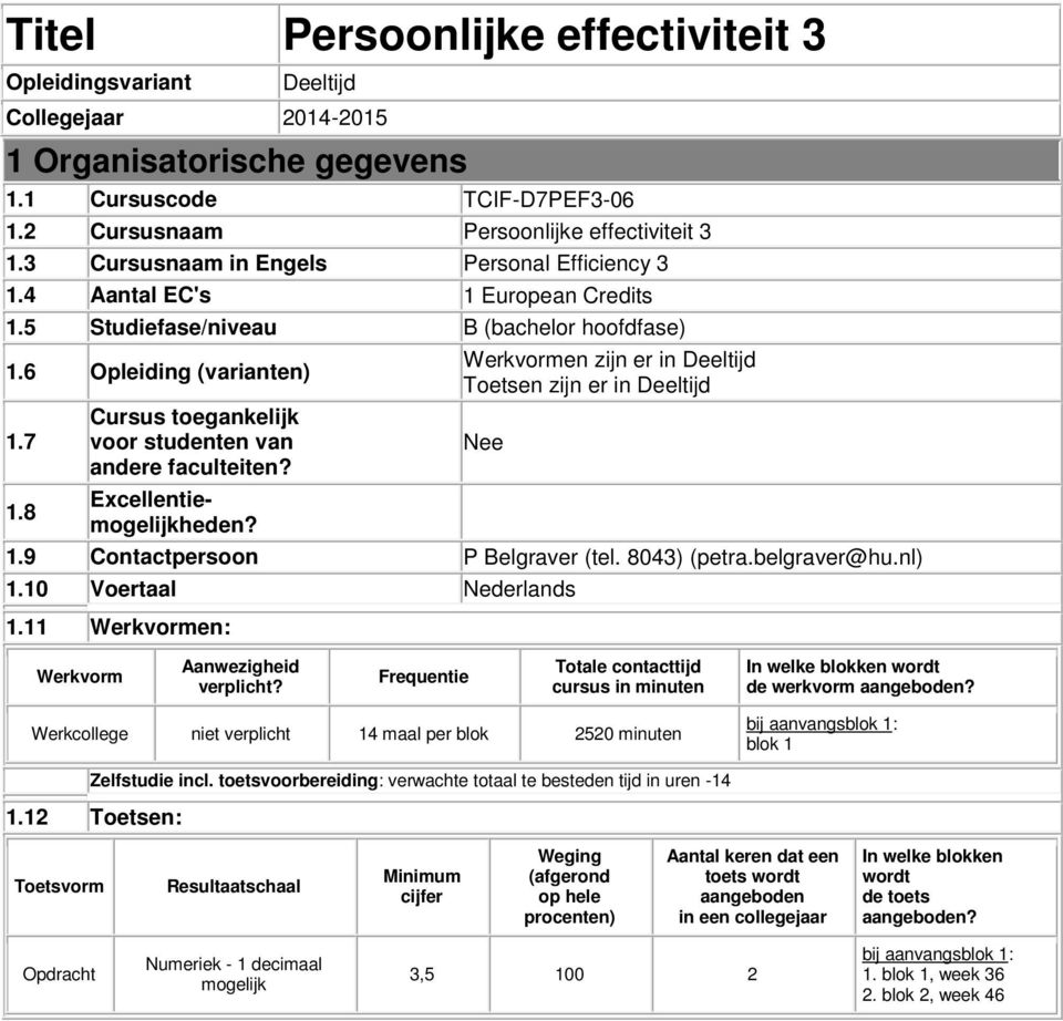 8 Cursus toegankelijk voor studenten van andere faculteiten? Excellentiemogelijkheden? Werkvormen zijn er in Deeltijd Toetsen zijn er in Deeltijd Nee 1.9 Contactpersoon P Belgraver (tel. 8043) (petra.