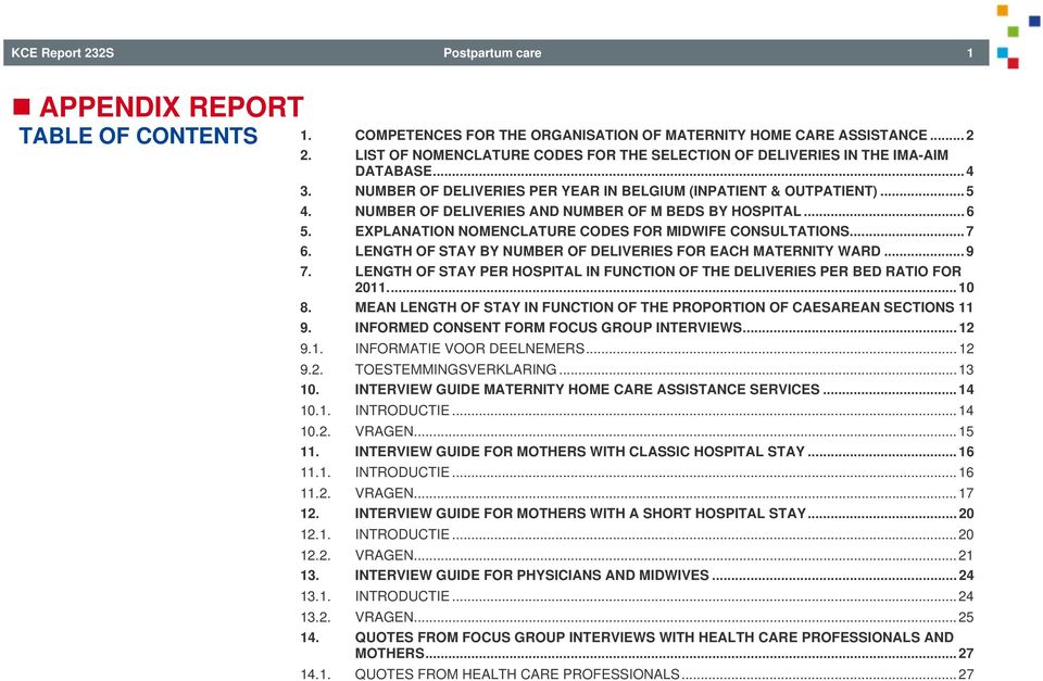 NUMBER OF DELIVERIES AND NUMBER OF M BEDS BY HOSPITAL... 6 5. EXPLANATION NOMENCLATURE CODES FOR MIDWIFE CONSULTATIONS... 7 6. LENGTH OF STAY BY NUMBER OF DELIVERIES FOR EACH MATERNITY WARD... 9 7.