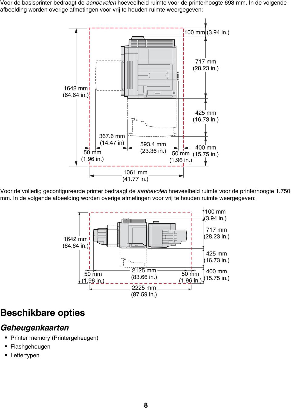 geconfigureerde printer bedraagt de aanbevolen hoeveelheid ruimte voor de printerhoogte 1.750 mm.