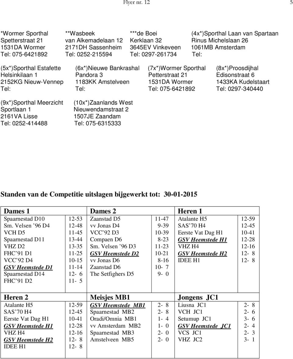 1061MB Amsterdam Tel: 075-6421892 Tel: 0252-215594 Tel: 0297-261734 Tel: (5x*)Sporthal Estafette (6x*)Nieuwe Bankrashal (7x*)Wormer Sporthal (8x*)Proosdijhal Helsinkilaan 1 Pandora 3 Petterstraat 21