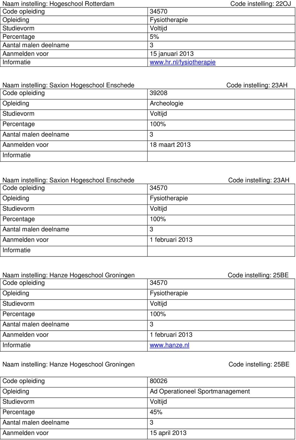 Aanmelden voor 18 maart 2013 Code instelling: 23AH Naam instelling: Saxion Hogeschool Enschede Aanmelden voor 1 februari