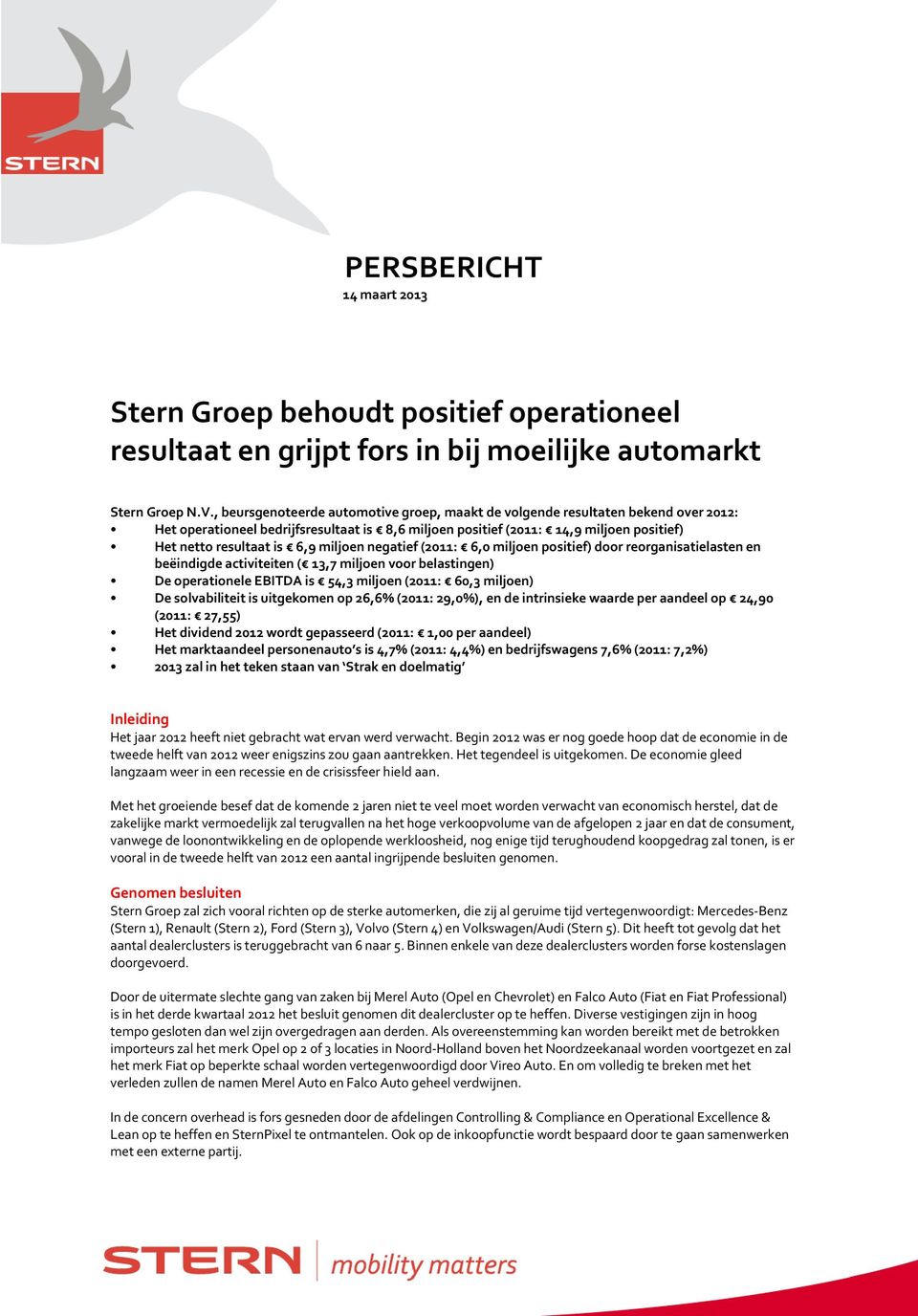 miljoen negatief (2011: 6,0 miljoen positief) door reorganisatielasten en beëindigde activiteiten ( 13,7 miljoen voor belastingen) De operationele EBITDA is 54,3 miljoen (2011: 60,3 miljoen) De