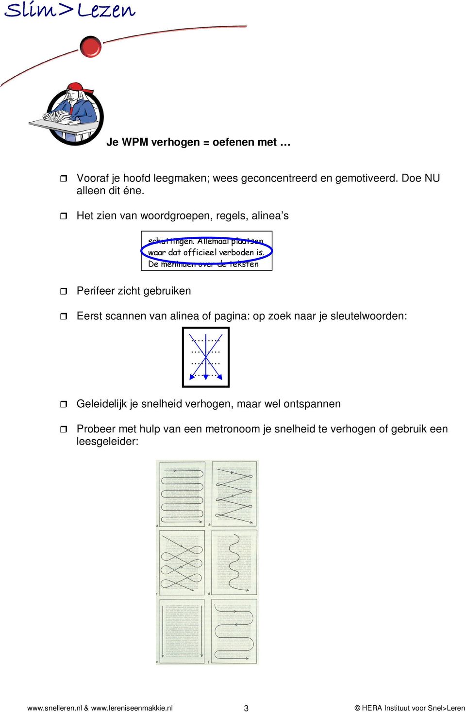 De meningen over de teksten Perifeer zicht gebruiken Eerst scannen van alinea of pagina: op zoek naar je sleutelwoorden: Geleidelijk