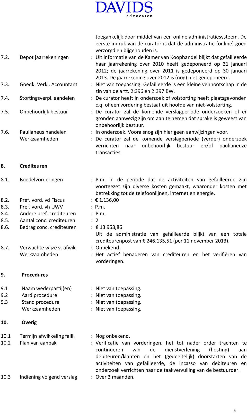 30 januari 2013. De jaarrekening over 2012 is (nog) niet gedeponeerd. 7.3. Goedk. Verkl. Accountant Gefailleerde is een kleine vennootschap in de zin van de artt. 2:396 en 2:397 BW. 7.4.