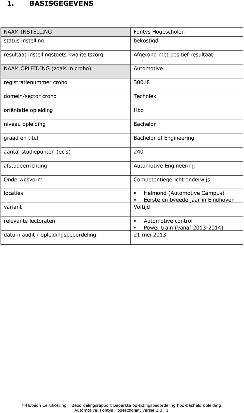 studiepunten (ec s) 240 afstudeerrichting Onderwijsvorm Automotive Engineering Competentiegericht onderwijs locaties Helmond (Automotive Campus) Eerste en tweede jaar in