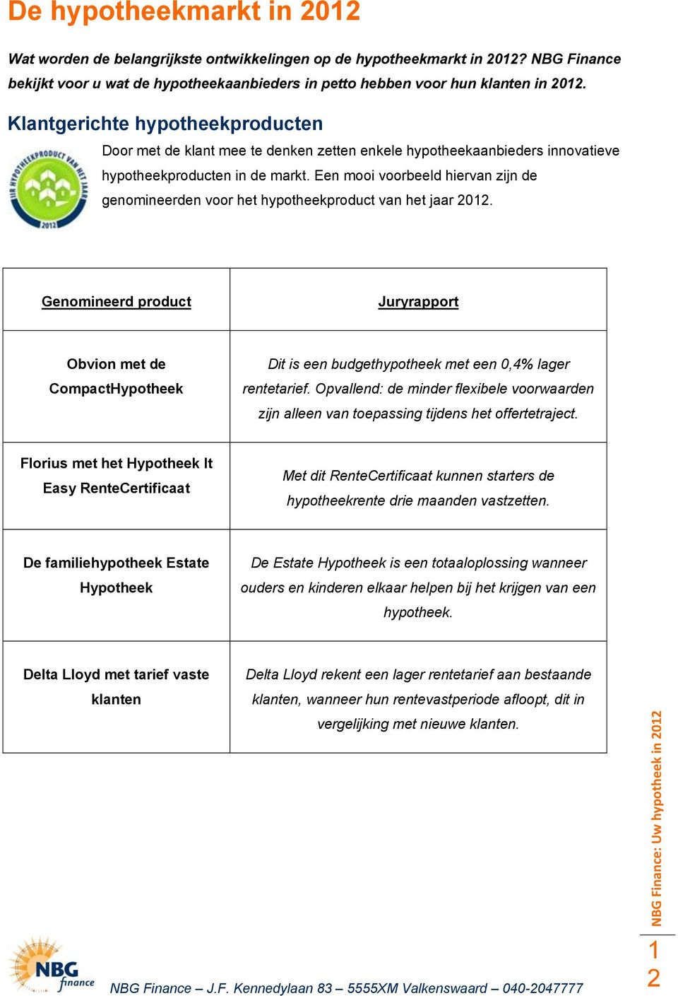 Een mooi voorbeeld hiervan zijn de genomineerden voor het hypotheekproduct van het jaar 2012.