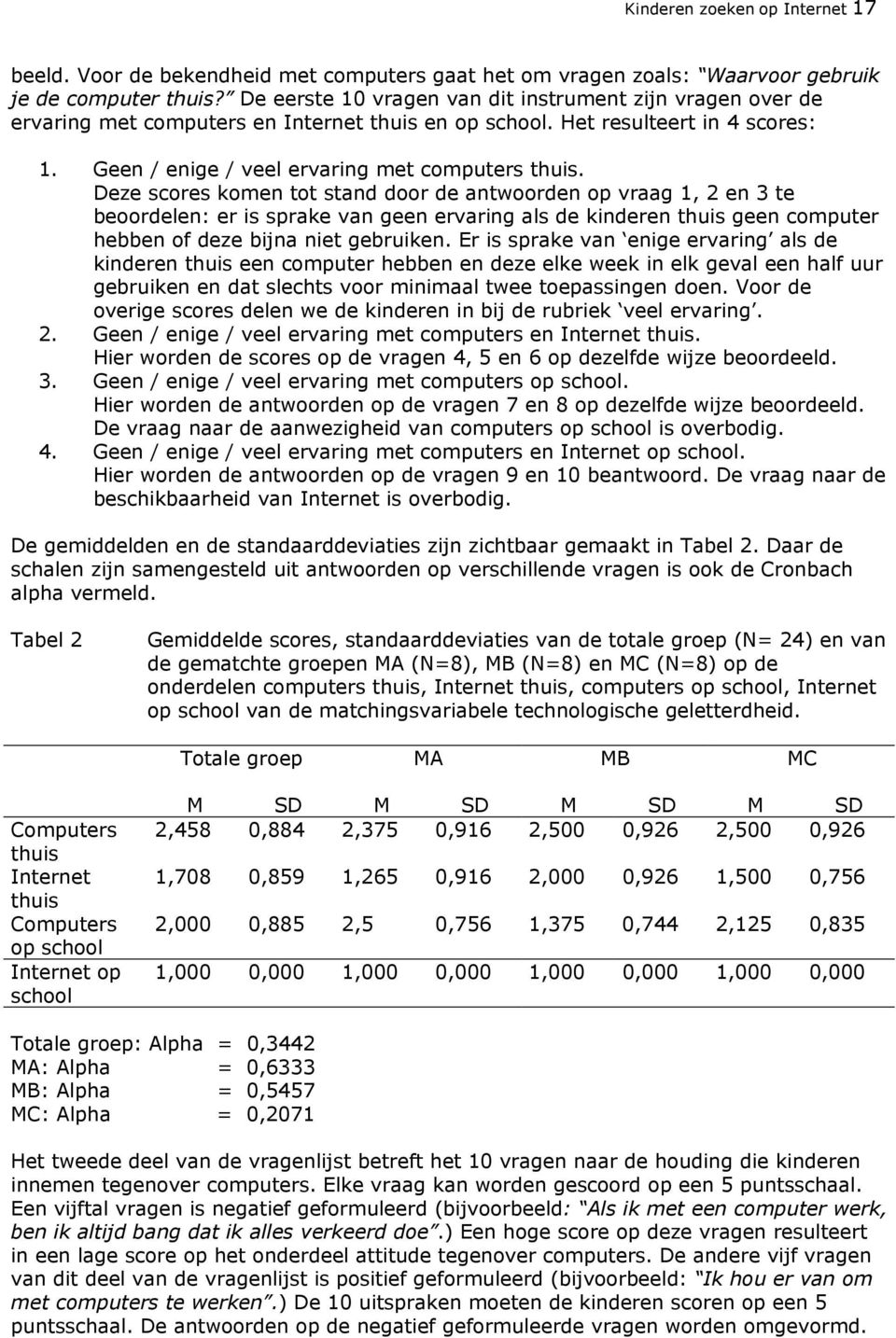 Deze scores komen tot stand door de antwoorden op vraag 1, 2 en 3 te beoordelen: er is sprake van geen ervaring als de kinderen thuis geen computer hebben of deze bijna niet gebruiken.