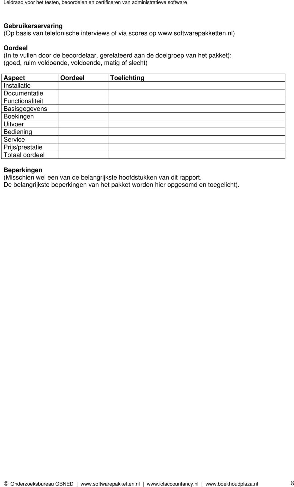 Toelichting Installatie Documentatie Functionaliteit Basisgegevens Boekingen Uitvoer Bediening Service Prijs/prestatie Totaal oordeel Beperkingen (Misschien wel