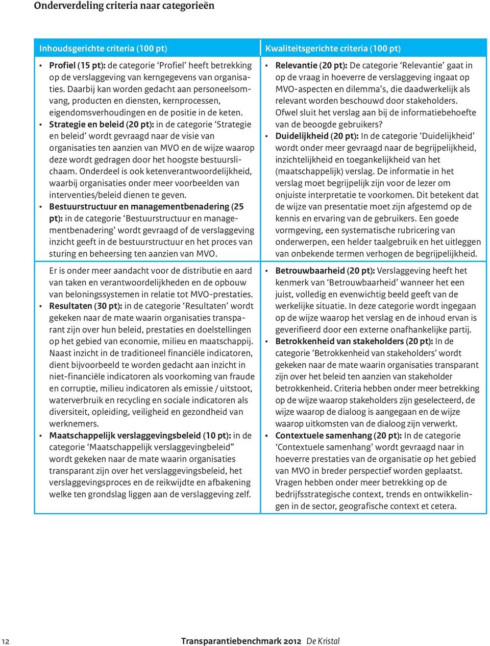 Strategie en beleid (20 pt): in de categorie Strategie en beleid wordt gevraagd naar de visie van organisaties ten aanzien van MVO en de wijze waarop deze wordt gedragen door het hoogste