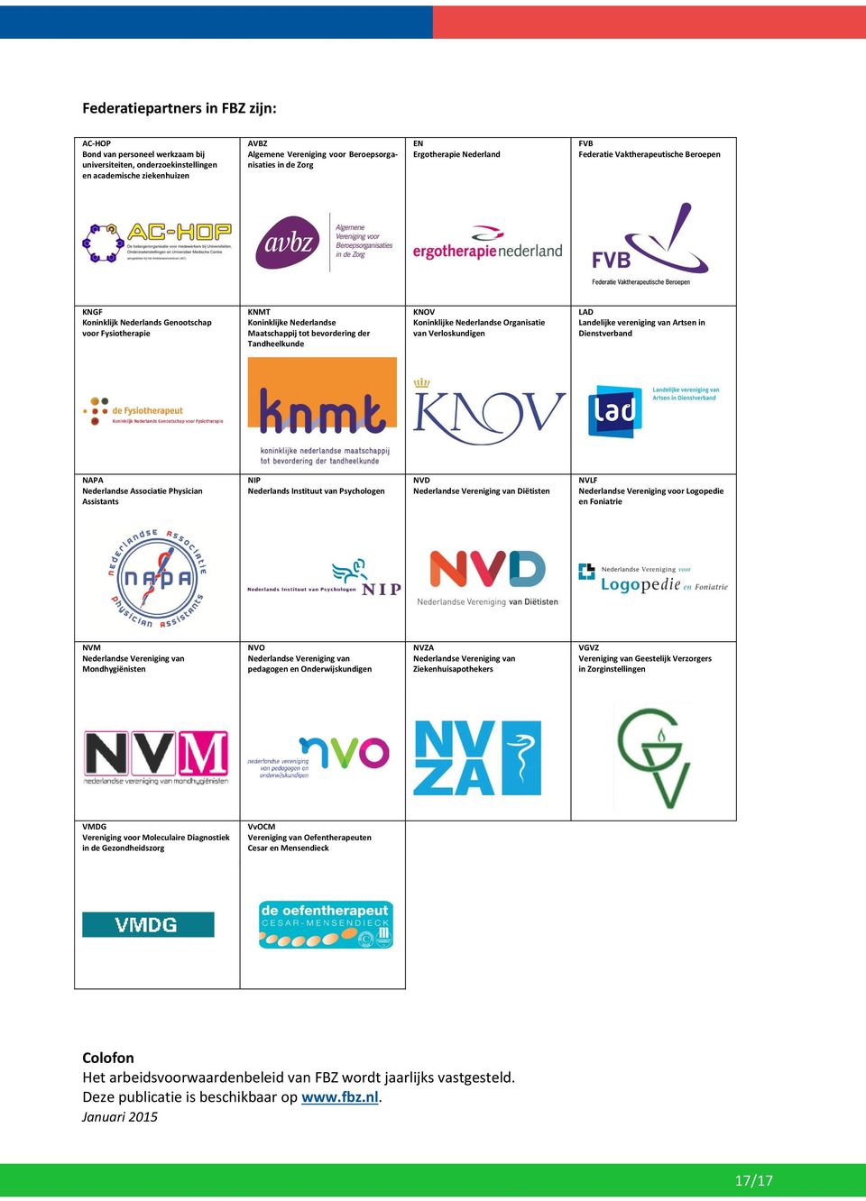 KNOV Koninklijke Nederlandse Organisatie van Verloskundigen LAD Landelijke vereniging van Artsen in Dienstverband NAPA Nederlandse Associatie Physician Assistants NIP Nederlands Instituut van