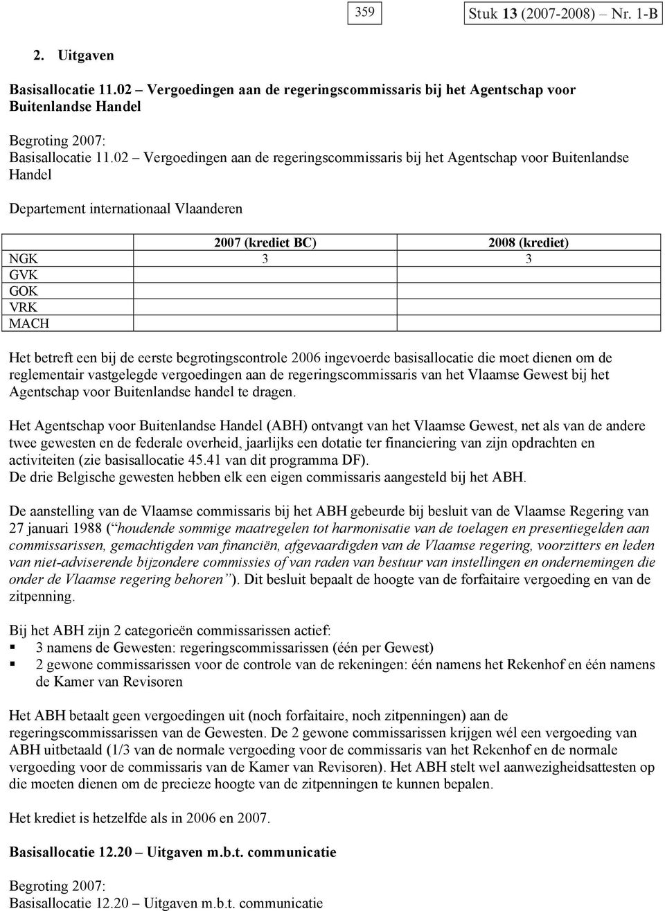 2006 ingevoerde basisallocatie die moet dienen om de reglementair vastgelegde vergoedingen aan de regeringscommissaris van het Vlaamse Gewest bij het Agentschap voor Buitenlandse handel te dragen.