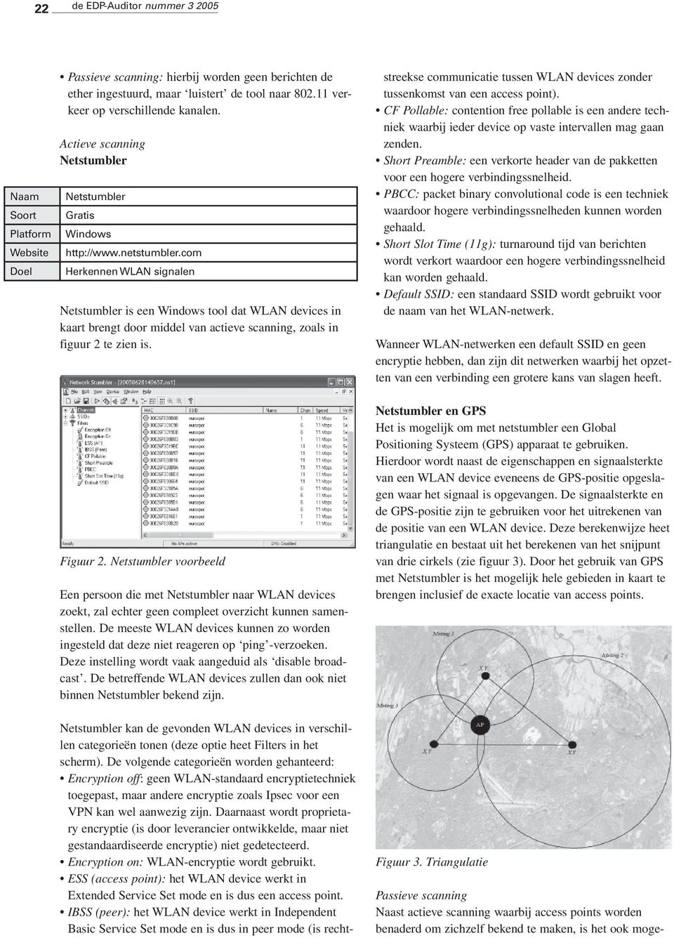 com Herkennen WLAN signalen Netstumbler is een Windows tool dat WLAN devices in kaart brengt door middel van actieve scanning, zoals in figuur 2 te zien is. Figuur 2.