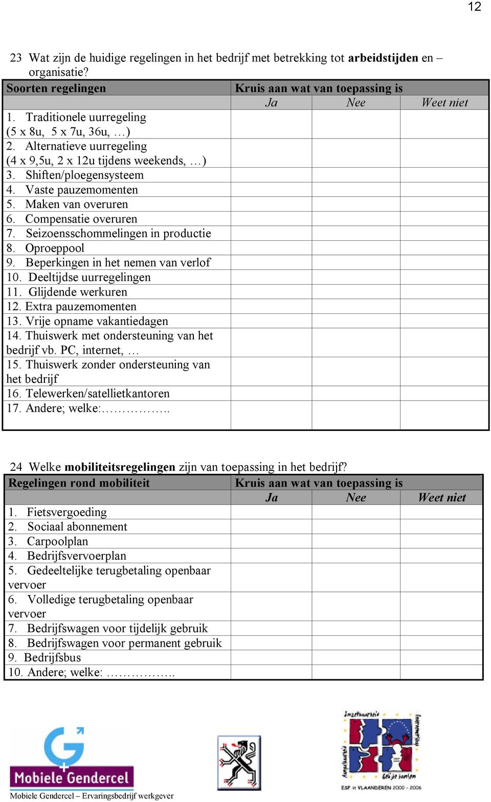 Oproeppool 9. Beperkingen in het nemen van verlof 10. Deeltijdse uurregelingen 11. Glijdende werkuren 12. Extra pauzemomenten 13. Vrije opname vakantiedagen 14.