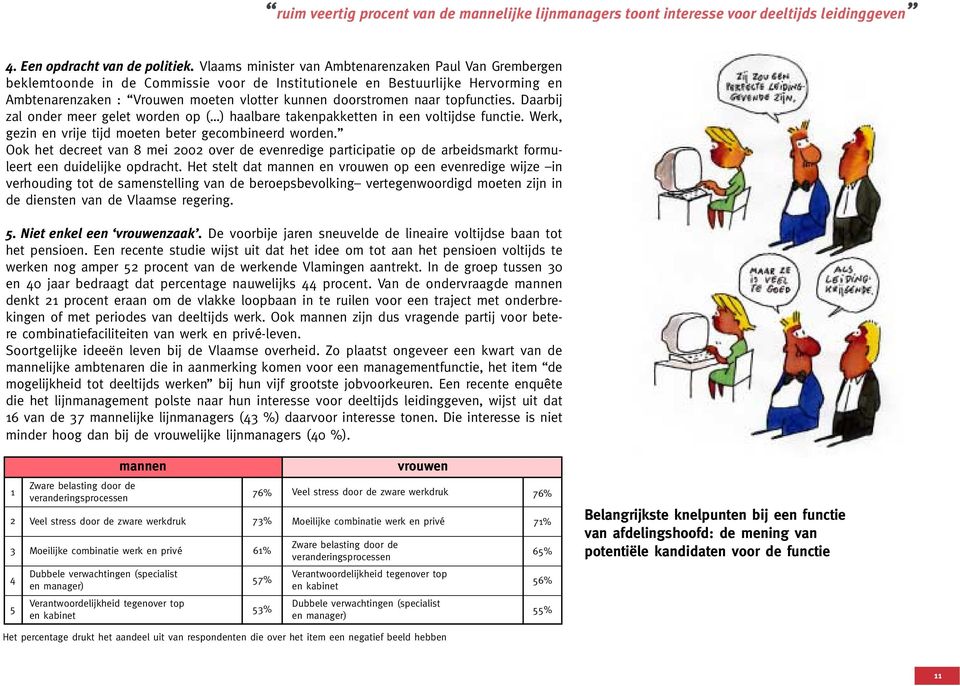 naar topfuncties. Daarbij zal onder meer gelet worden op ( ) haalbare takenpakketten in een voltijdse functie. Werk, gezin en vrije tijd moeten beter gecombineerd worden.