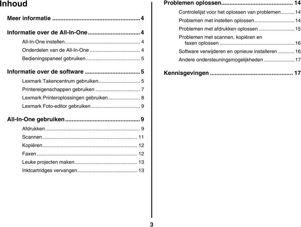 .. 14 Controlelijst voor het oplossen van problemen...14 Problemen met instellen oplossen...14 Problemen met afdrukken oplossen...15 Problemen met scannen, kopiëren en faxen oplossen.