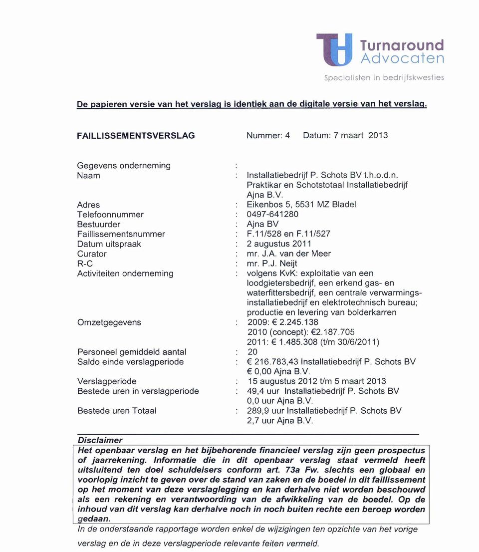 Personeel gemiddeld aantal Saldo einde verslagperiode Verslagperiode Bestede uren in verslagperiode Bestede uren Totaal Installatiebedrijf P. Schots BV t.h.o.d.n. Praktikar en Schotstotaallnstallatiebedrijf Ajna B.