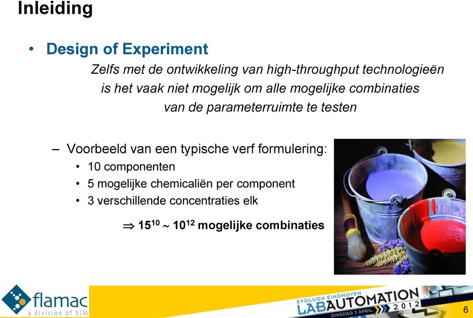 parameterruimte te testen Voorbeeld van een typische verf formulering: 10 componenten