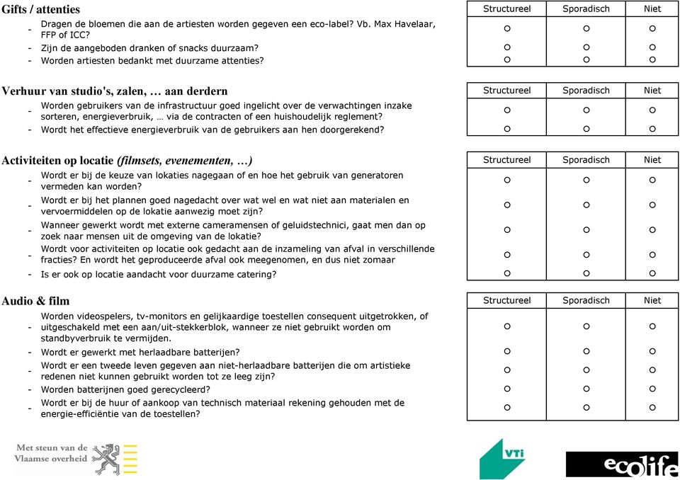 Verhuur van studio's, zalen, aan derdern Worden gebruikers van de infrastructuur goed ingelicht over de verwachtingen inzake sorteren, energieverbruik, via de contracten of een huishoudelijk