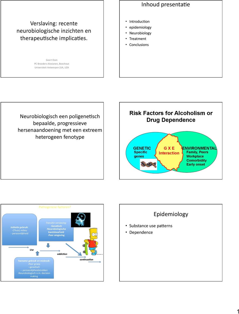 hersenaandoening met een extreem heterogeen fenotype Risk Factors for Alcoholism or Drug Dependence GENETIC Specific genes G X E Interaction ENVIRONMENTAL Family, Peers Workplace Comorbidity Early