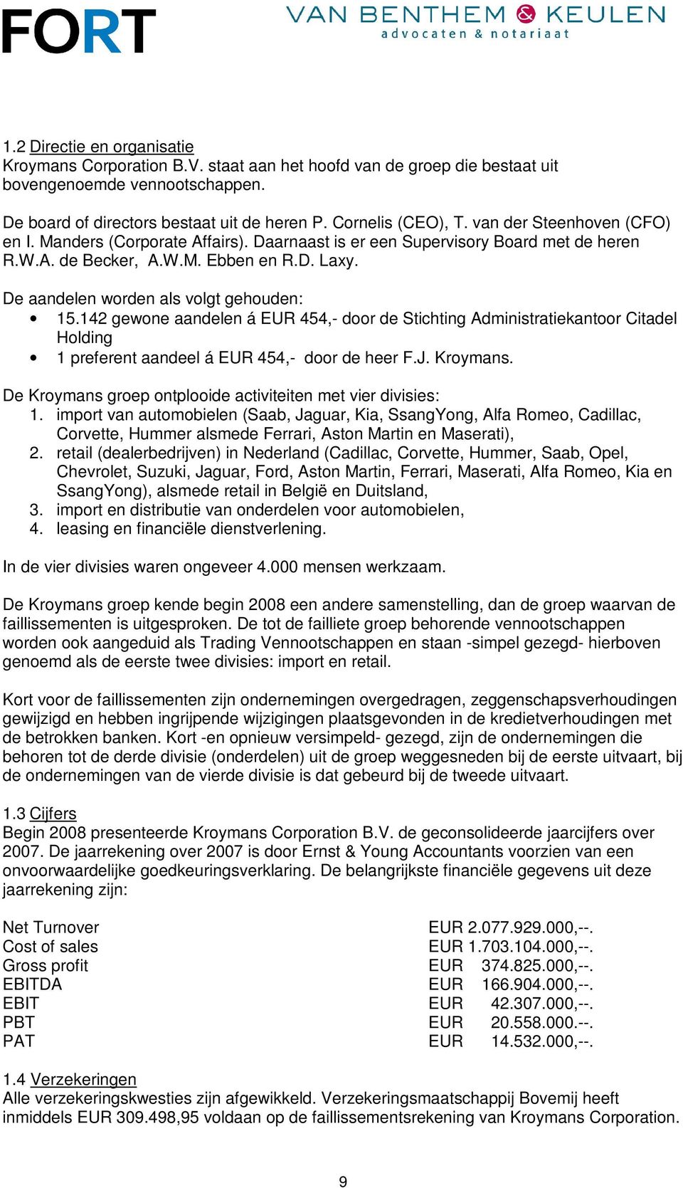 142 gewone aandelen á EUR 454,- door de Stichting Administratiekantoor Citadel Holding 1 preferent aandeel á EUR 454,- door de heer F.J. Kroymans.