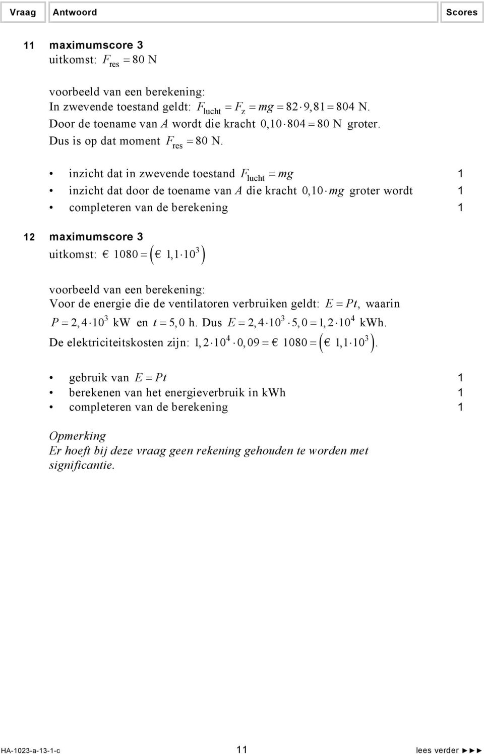 inzicht dat in zwevende toestand Flucht = mg inzicht dat door de toename van A die kracht 0,0 mg groter wordt completeren van de berekening 2 maximumscore 3 080 =, 0 3 uitkomst: ( ) voorbeeld van een