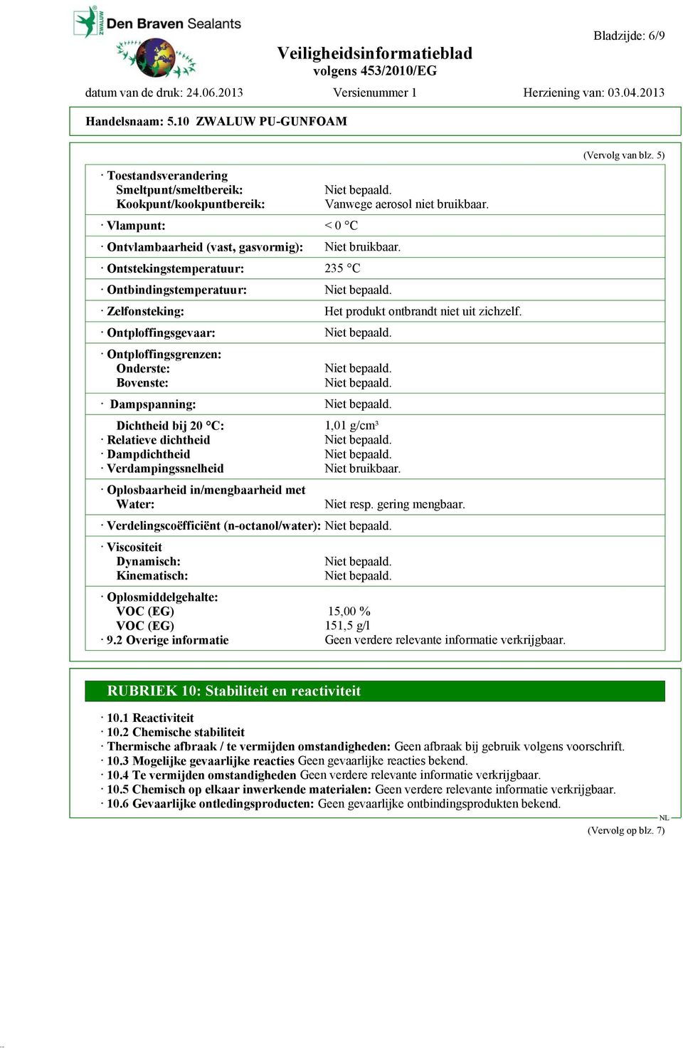 Ontploffingsgevaar: Ontploffingsgrenzen: Onderste: Bovenste: Dampspanning: Dichtheid bij 20 C: 1,01 g/cm³ Relatieve dichtheid Dampdichtheid Verdampingssnelheid Niet bruikbaar.