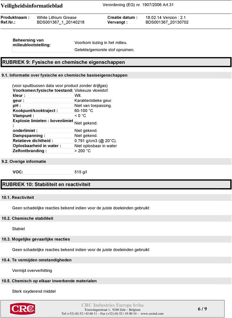 ph : Niet van toepassing. Kookpunt/kooktraject : 60-100 C Vlampunt : < 0 C Explosie limieten : bovenlimiet Niet gekend. : onderlimiet : Niet gekend. Dampspanning : Niet gekend.