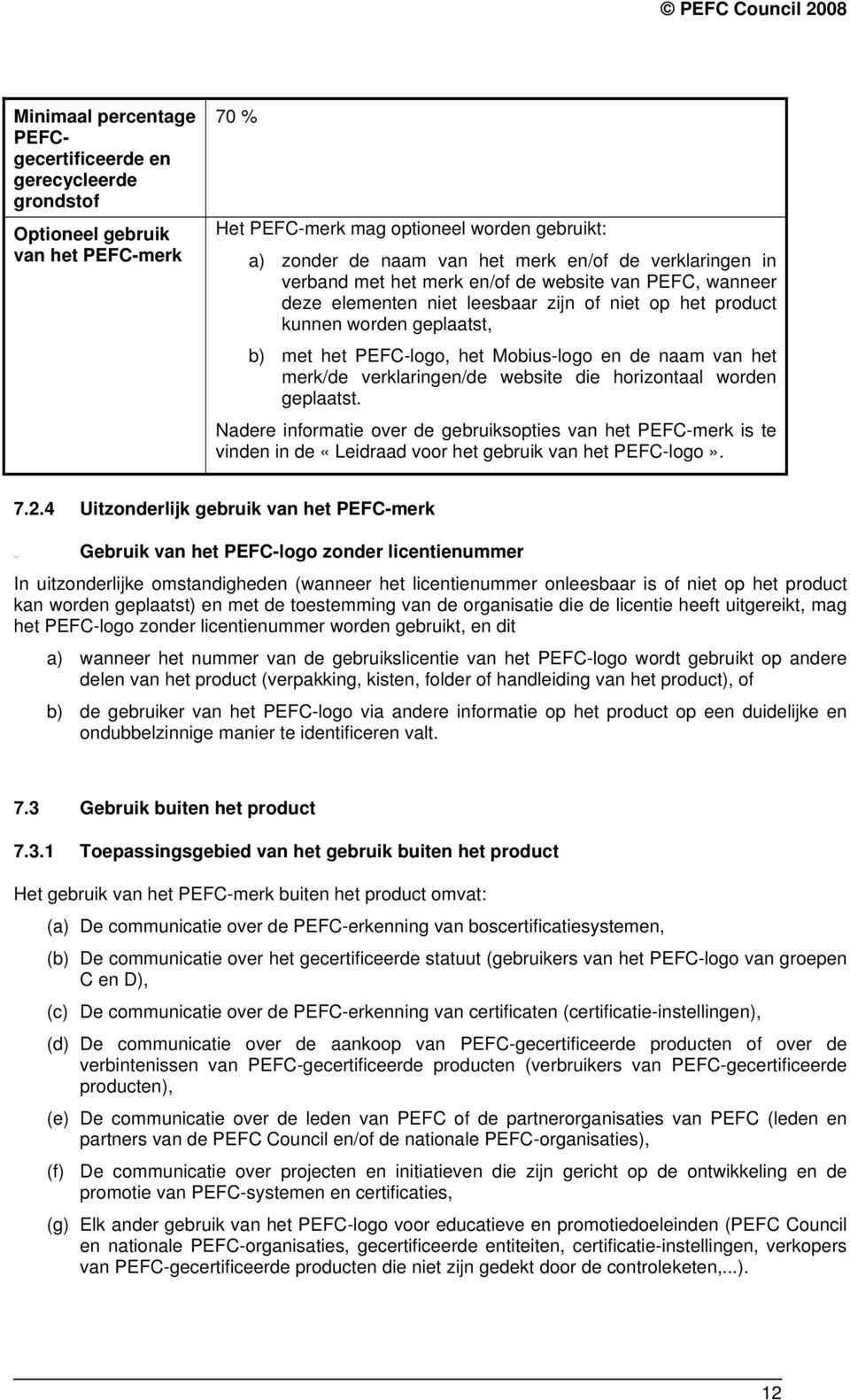 van het merk en/of de verklaringen in verband met het merk en/of de website van PEFC, wanneer deze elementen niet leesbaar zijn of niet op het product kunnen worden geplaatst, b) met het PEFC-logo,