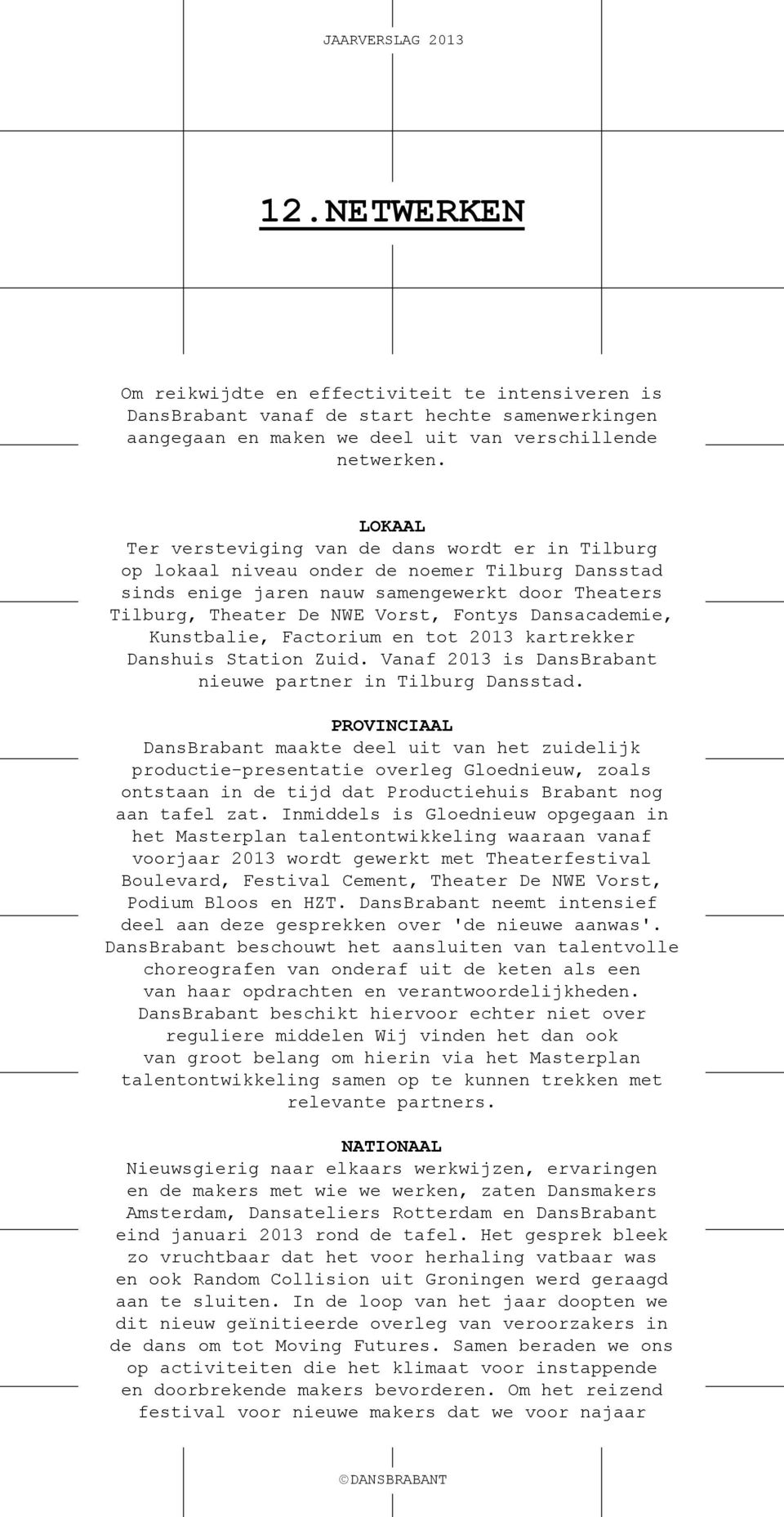 Dansacademie, Kunstbalie, Factorium en tot 2013 kartrekker Danshuis Station Zuid. Vanaf 2013 is DansBrabant nieuwe partner in Tilburg Dansstad.