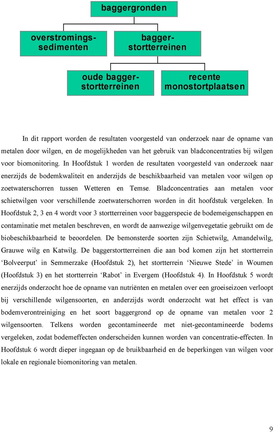 In Hoofdstuk 1 worden de resultaten voorgesteld van onderzoek naar enerzijds de bodemkwaliteit en anderzijds de beschikbaarheid van metalen voor wilgen op zoetwaterschorren tussen Wetteren en Temse.