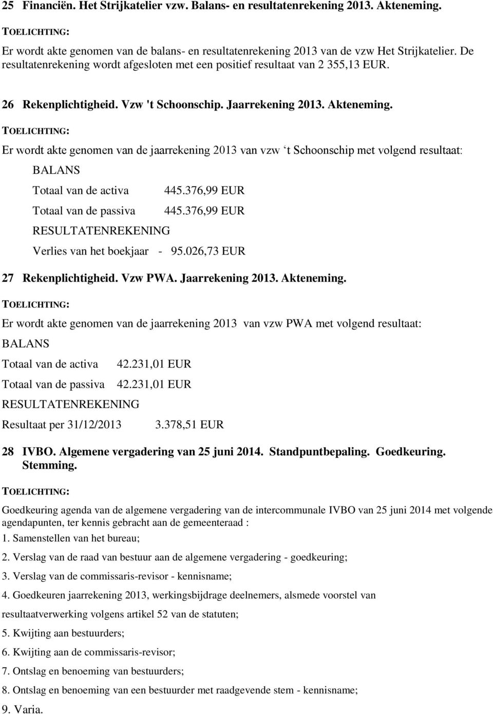 Er wordt akte genomen van de jaarrekening 2013 van vzw t Schoonschip met volgend resultaat: BALANS Totaal van de activa 445.376,99 EUR Totaal van de passiva 445.