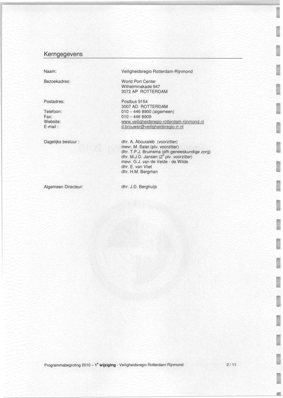 _ni Dagelijks bestuur dhr. A. Aboutaleb (voorzitter) mevr, M. Salet (plv. yoorzitter) dhr. T.PJ. Brutnsma (pfh.geneeskundige zorg) dhr. M.J.D. Jansen (2 e plv.