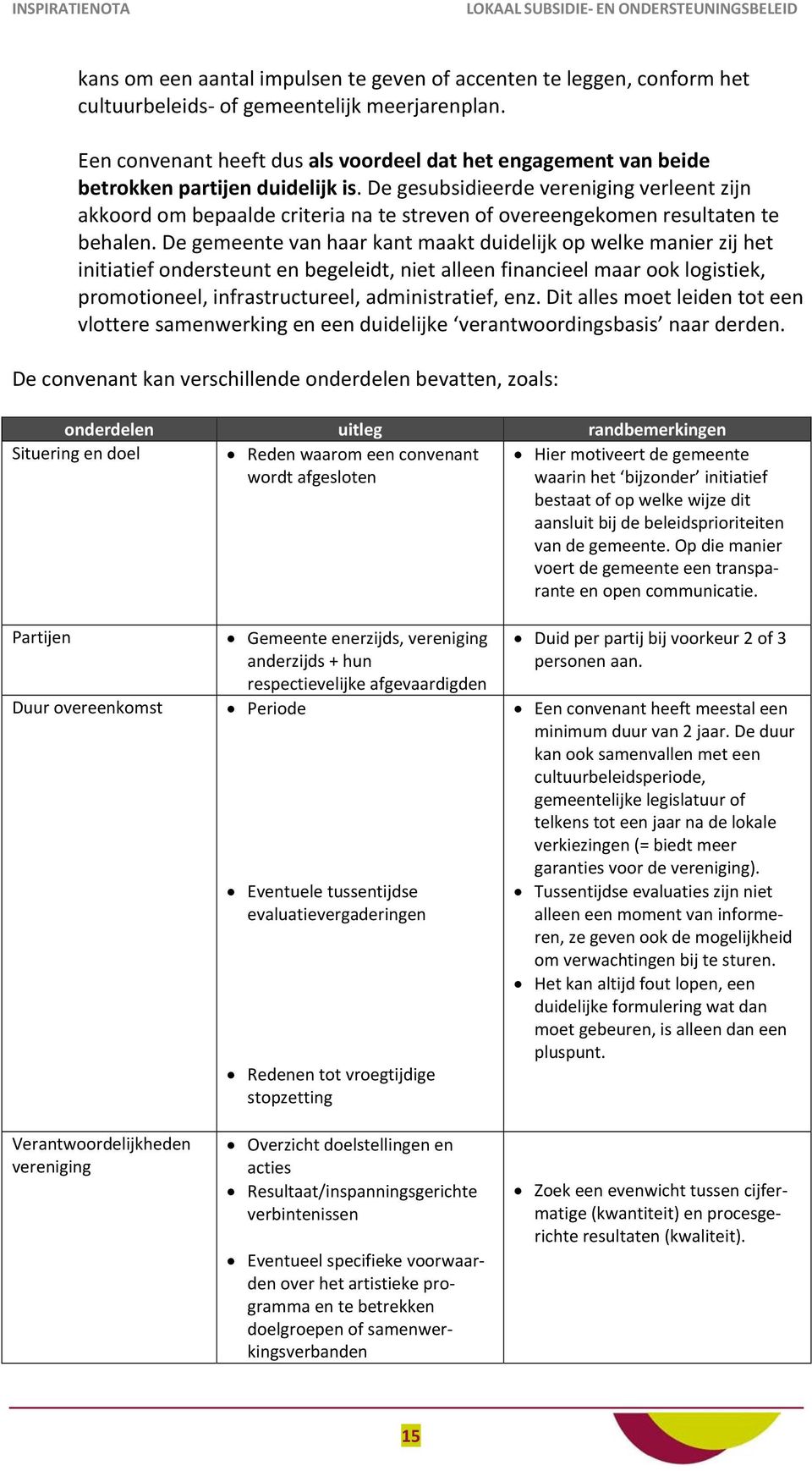 De gesubsidieerde vereniging verleent zijn akkoord om bepaalde criteria na te streven of overeengekomen resultaten te behalen.