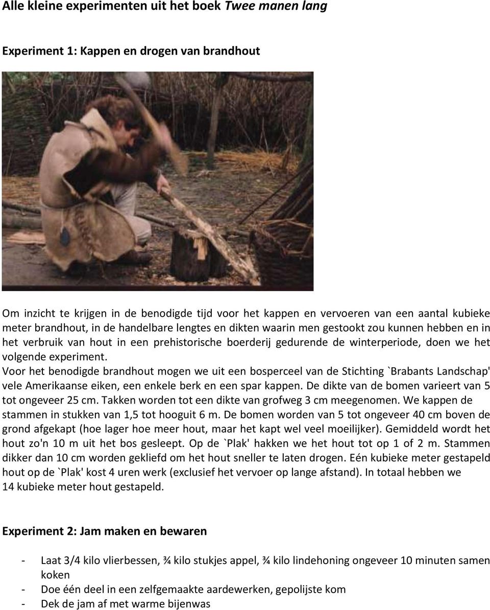 experiment. Voor het benodigde brandhout mogen we uit een bosperceel van de Stichting `Brabants Landschap' vele Amerikaanse eiken, een enkele berk en een spar kappen.