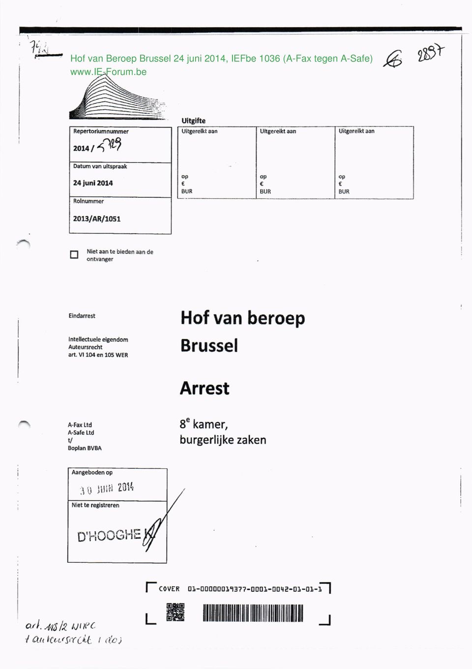 Vl 104 en 105 WER Hof van beroep Brussel Arrest 8" kamer, burgerlijke