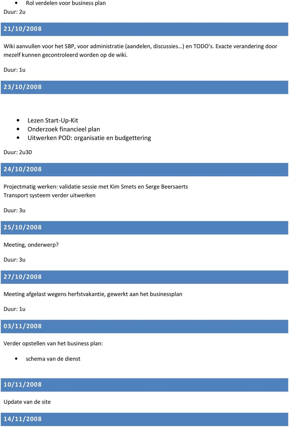 23/10/2008 Lezen Start-Up-Kit Onderzoek financieel plan Uitwerken POD: organisatie en budgettering 30 24/10/2008 Projectmatig werken: validatie sessie met Kim