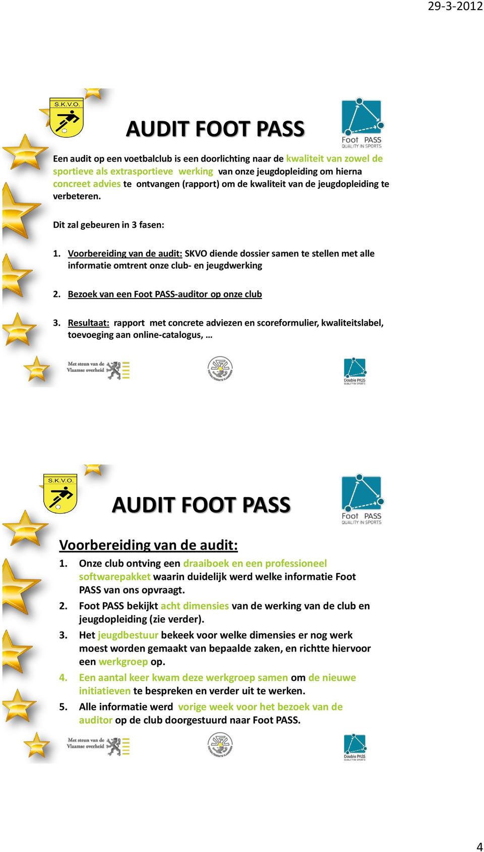 Voorbereiding van de audit: SKVO diende dossier samen te stellen met alle informatie omtrent onze club- en jeugdwerking 2. Bezoek van een Foot PASS-auditor op onze club 3.