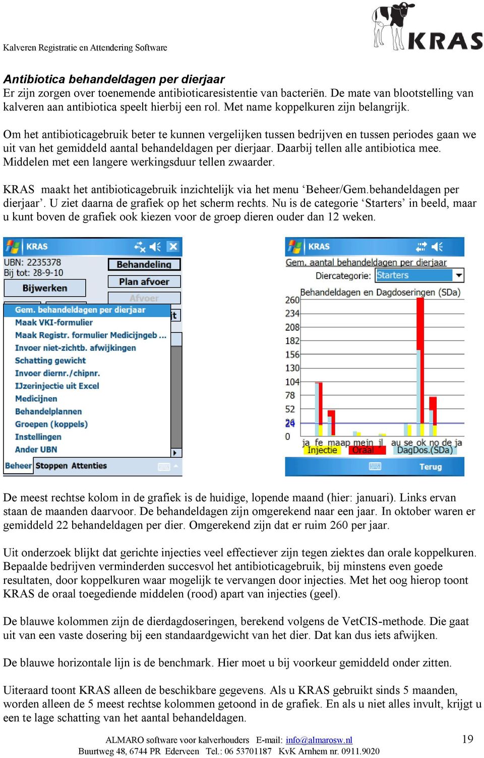 Daarbij tellen alle antibiotica mee. Middelen met een langere werkingsduur tellen zwaarder. KRAS maakt het antibioticagebruik inzichtelijk via het menu Beheer/Gem.behandeldagen per dierjaar.