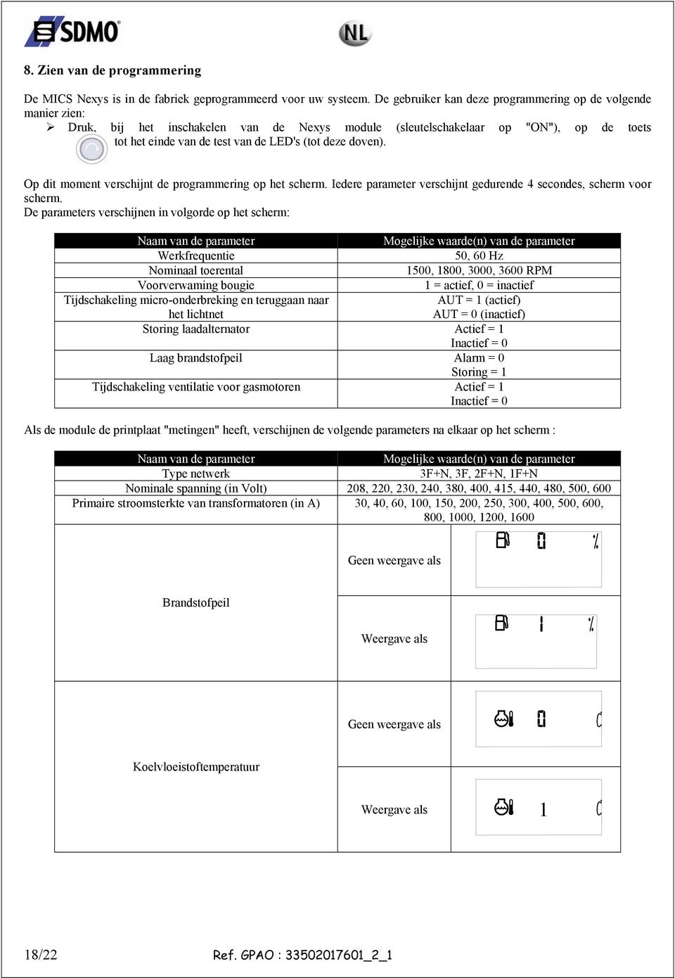 doven). Op dit moment verschijnt de programmering op het scherm. Iedere parameter verschijnt gedurende 4 secondes, scherm voor scherm.