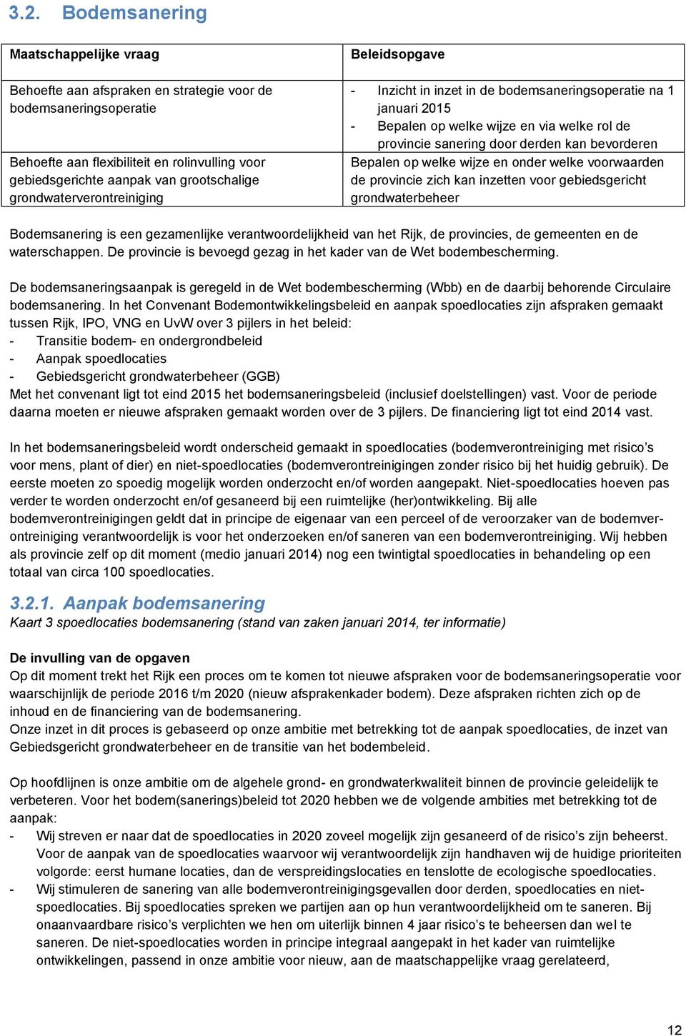 Bepalen op welke wijze en onder welke voorwaarden de provincie zich kan inzetten voor gebiedsgericht grondwaterbeheer Bodemsanering is een gezamenlijke verantwoordelijkheid van het Rijk, de