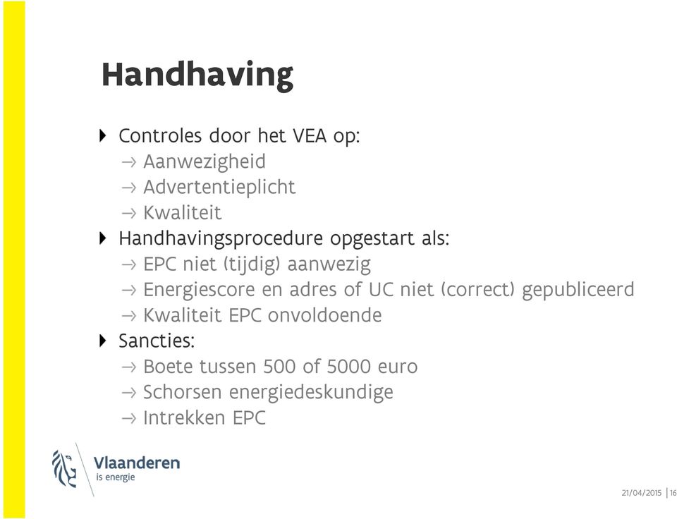 adres of UC niet (correct) gepubliceerd Kwaliteit EPC onvoldoende Sancties: