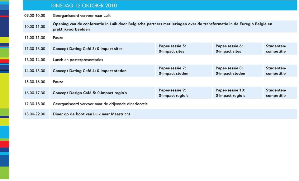 00 Concept Dating Café 3: 0-impact sites Paper-sessie 5: 0-impact sites Paper-sessie 6: 0-impact sites Studentencompetitie 13.00-14.00 Lunch en posterpresentaties 14.00-15.