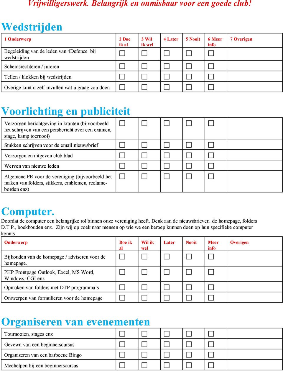 club blad Werven van nieuwe leden Algemene PR voor de vereniging (bijvoorbeeld het maken van folders, stikkers, emblemen, reclameborden enz) Computer.