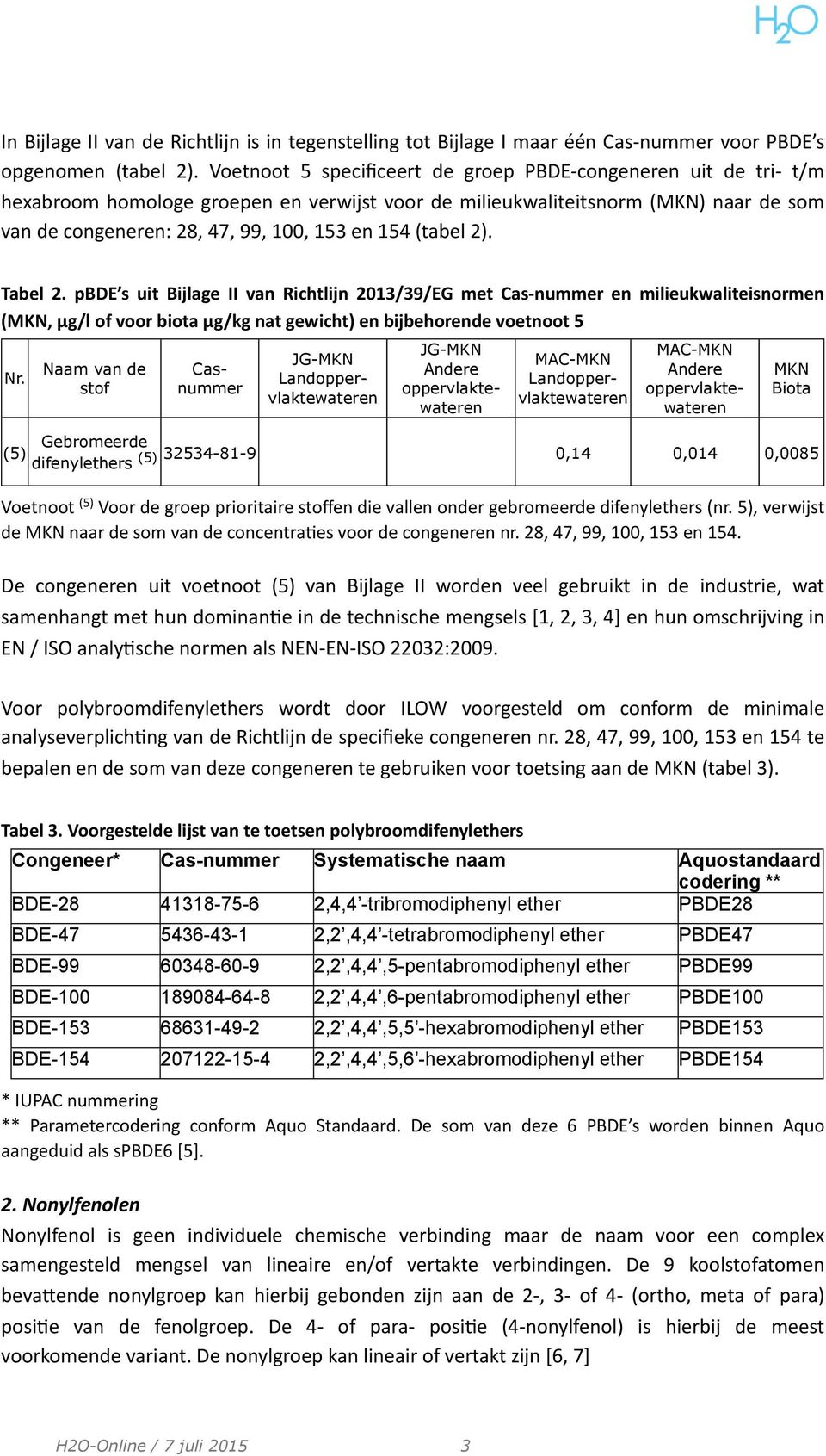 (tabel 2). Tabel 2. pbde s uit Bijlage II van Richtlijn 2013/39/EG met Cas- nummer en milieukwaliteisnormen (MKN, µg/l of voor biota µg/kg nat gewicht) en bijbehorende voetnoot 5 Nr.